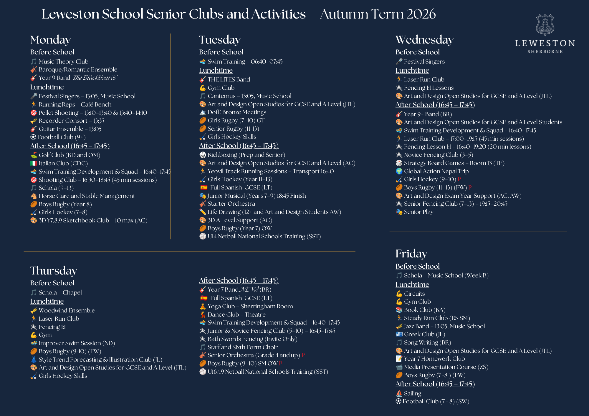 Senior Activities Autumn Term 2026